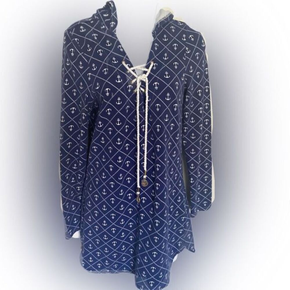 Macbeth Collection Hoody Dress - L navy anchor print , cotton spandex